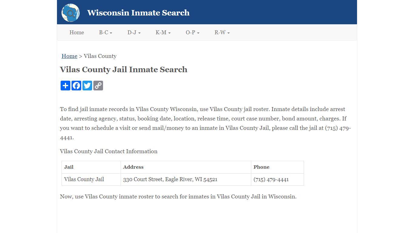 Vilas County Jail Inmate Search